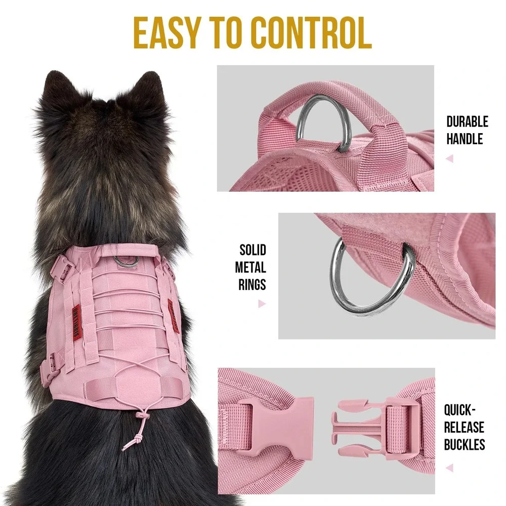 OneTigris Tactical Dog Harness Vest Pink Medium No-Pull Service Dog Training